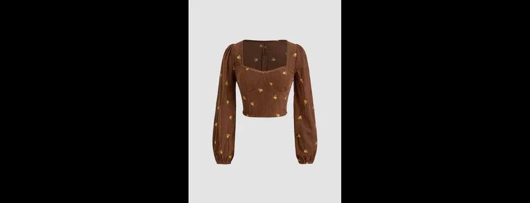 Corduroy Sweetheart Floral Embroidery Long Sleeve Crop Top