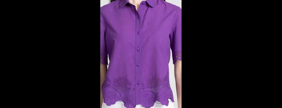 Women Purple Half Sleeves Casual Cotton Lace Shirt