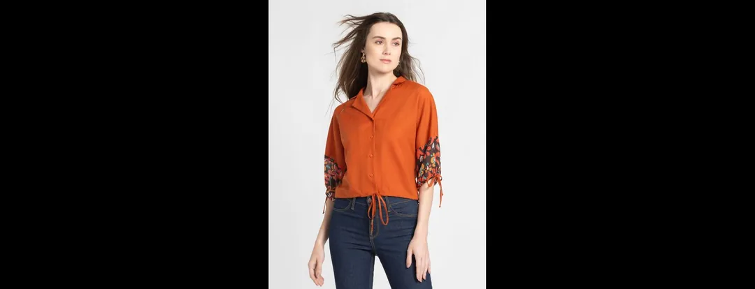 Women Rust Solid Three-Quarter Sleeves Casual Top