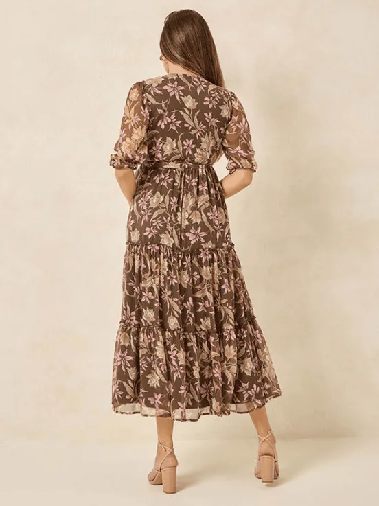 Womens Brown Floral Wrap Midi Dress