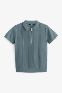 Short Sleeve Zip Texture Polo Shirt (3-16yrs) - Thumbnail