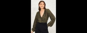 Green Metallic Pleated Wrap Front Top With Fitted Waistband - Thumbnail