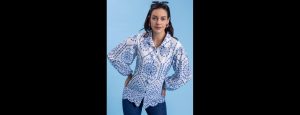 White & Blue Embroidered Pure Cotton Shirt - Thumbnail
