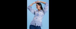 White & Blue Embroidered Pure Cotton Shirt - Thumbnail