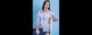 White & Blue Embroidered Pure Cotton Shirt - Thumbnail