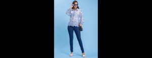 White & Blue Embroidered Pure Cotton Shirt - Thumbnail