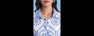 White & Blue Embroidered Pure Cotton Shirt - Thumbnail