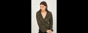 Green Metallic Pleated Wrap Front Top With Fitted Waistband - Thumbnail