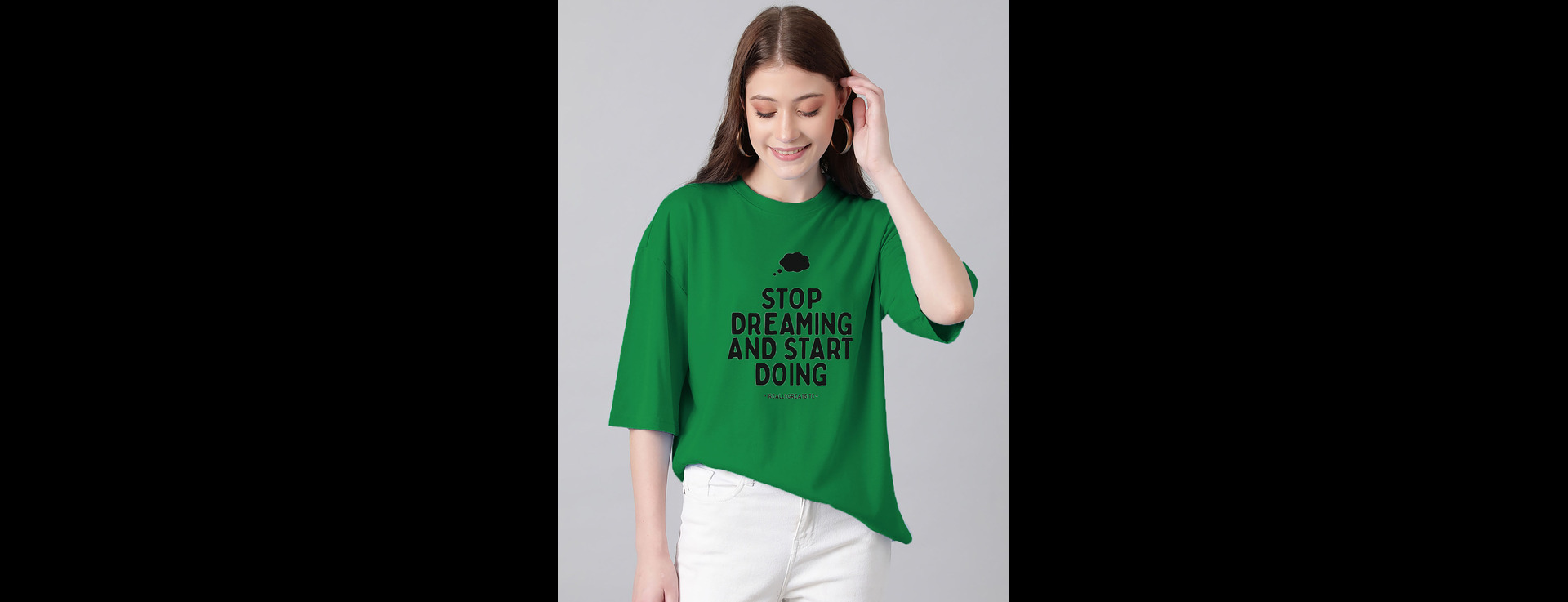 Green Womens Cotton Blend Typography Oversized T-Shirt
