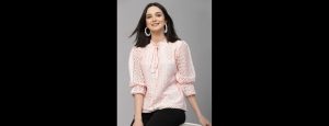 Women Peach Self Design Lace Regular Smart Casual Top - Thumbnail