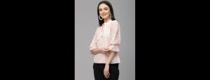 Women Peach Self Design Lace Regular Smart Casual Top - Thumbnail