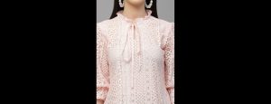 Women Peach Self Design Lace Regular Smart Casual Top - Thumbnail