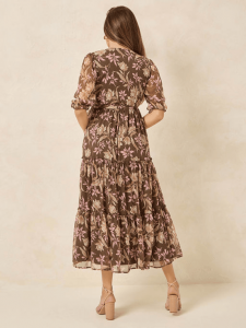 Womens Brown Floral Wrap Midi Dress - Thumbnail