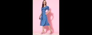 Women's Multicolored-Base-Blue Pleated Puff Sleeve Floral Wrap Midi Dress - Thumbnail