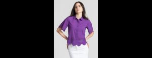 Women Purple Half Sleeves Casual Cotton Lace Shirt - Thumbnail