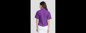 Women Purple Half Sleeves Casual Cotton Lace Shirt - Thumbnail
