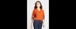 Women Rust Solid Three-Quarter Sleeves Casual Top - Thumbnail