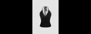 Halter Neckline Solid Backless Crop Top - Thumbnail