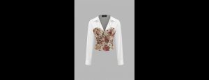 Cotton V-neck Collar Floral Patched Corset Long Sleeve Blouse - Thumbnail