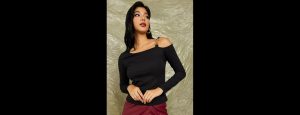 Black Asymmetric Neck Ribbed Fitted Knit Top with Chain Strap Detail - Thumbnail