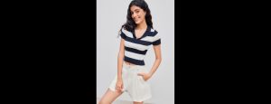 Knit Polo Striped Short Sleeve Top - Thumbnail