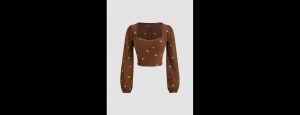 Corduroy Sweetheart Floral Embroidery Long Sleeve Crop Top - Thumbnail