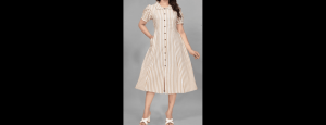 Women Cotton Striped Puff Sleeve A-Line Midi Dress - Thumbnail