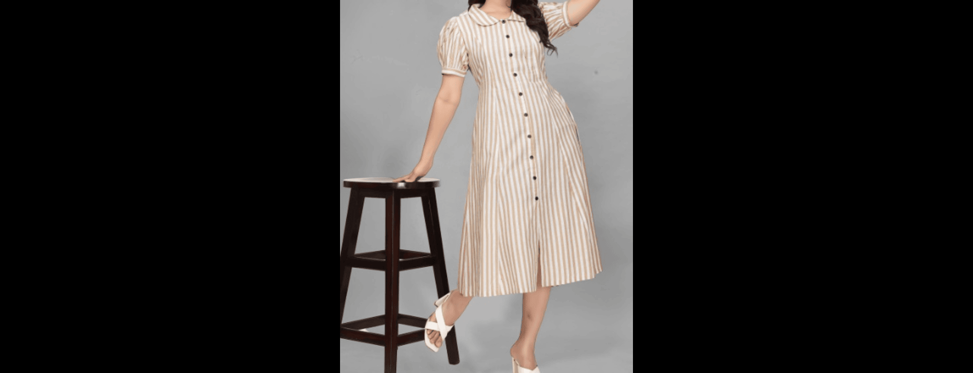 Women Cotton Striped Puff Sleeve A-Line Midi Dress