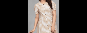 Women Cotton Striped Puff Sleeve A-Line Midi Dress - Thumbnail