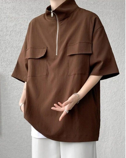 Men Mandarin Collar Raw Edge T-shirt