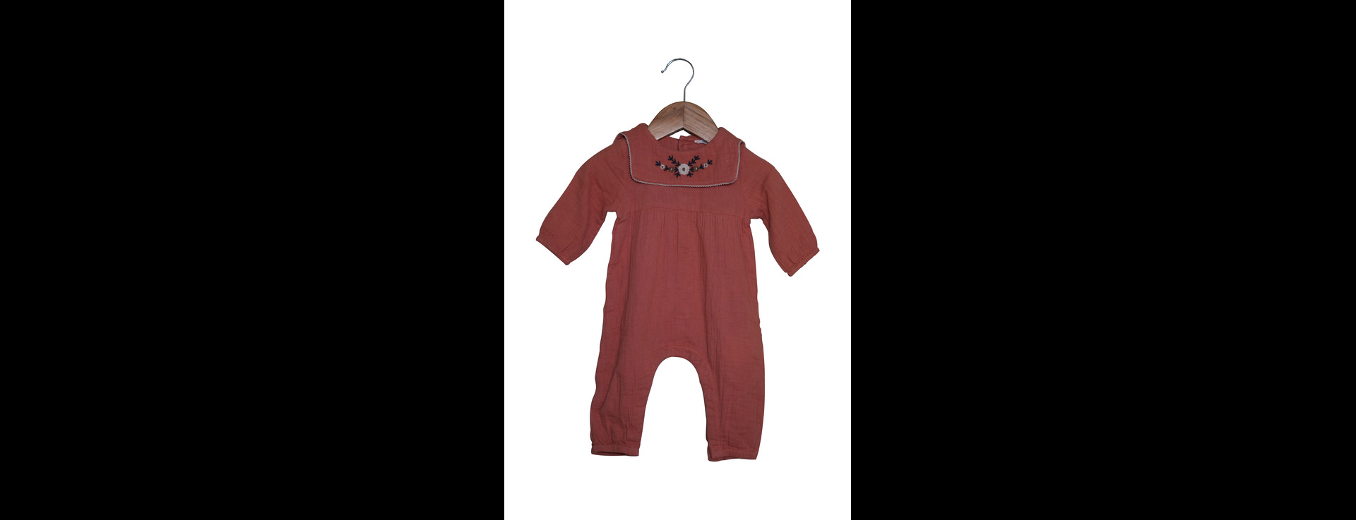 Rust Red Long Sleeve Baby Romper with Piped Collar