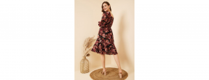 Women Casual Black Colour Midi Floral Dress - Thumbnail