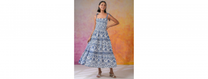 Navy Blue Ethnic Motif Printed Midi Dress - Thumbnail