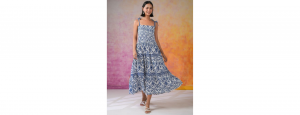 Navy Blue Ethnic Motif Printed Midi Dress - Thumbnail