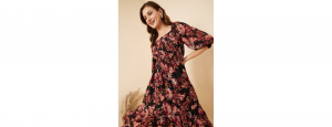 Women Casual Black Colour Midi Floral Dress - Thumbnail