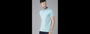 Blue & White Striped Polo Collar T-shirt - Thumbnail