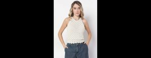 Off White Knitted Crop Top - Thumbnail