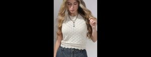 Off White Knitted Crop Top - Thumbnail
