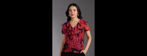 Multicolor Floral Print V Neck Puff Sleeves Ruffled Top - Thumbnail
