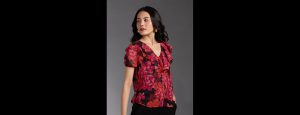 Multicolor Floral Print V Neck Puff Sleeves Ruffled Top - Thumbnail