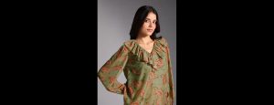 Light Green Paisley Print V Neck Ruffled Top, Inner (Set of 2) - Thumbnail