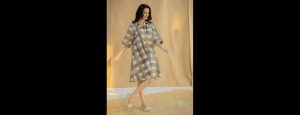 Women Checked Shirt Collar A-Line Dress - Thumbnail