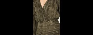 Green Metallic Pleated Wrap Front Top With Fitted Waistband - Thumbnail