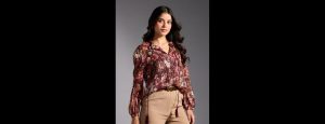 Maroon Floral Mandarin Neck Bishop Sleeves Top - Thumbnail