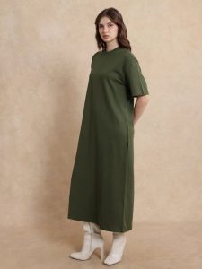 AFRINCA PRIMARY OLIVE Short Sleeves T-shirt Midi Cotton Dress - Thumbnail