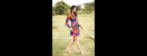 Multi-Color Frill Neck Mini Skater Dress - Thumbnail