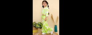 Girls Printed V-Neck Pure Cotton Top With Palazzos - Thumbnail