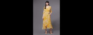 Women's Yellow and White V neck Floral Printed Layered Maxi Dress - Thumbnail