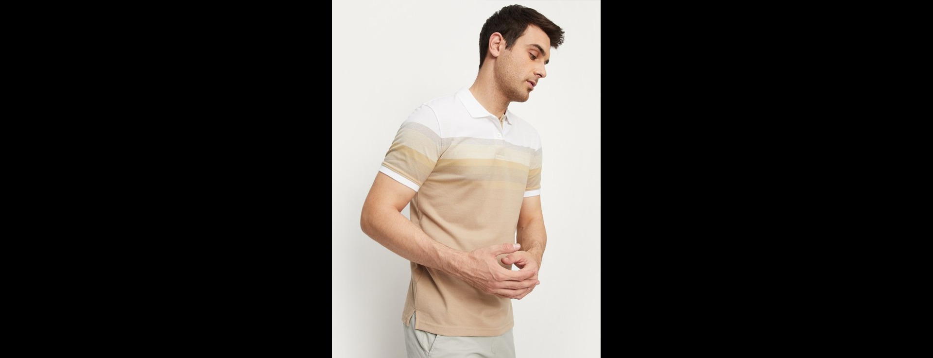 Horizontal Striped Polo Collar Cotton T-Shirt