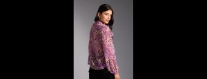Pink and Purple Paisley V Neck Bishop Sleeves Ruffled Top - Thumbnail